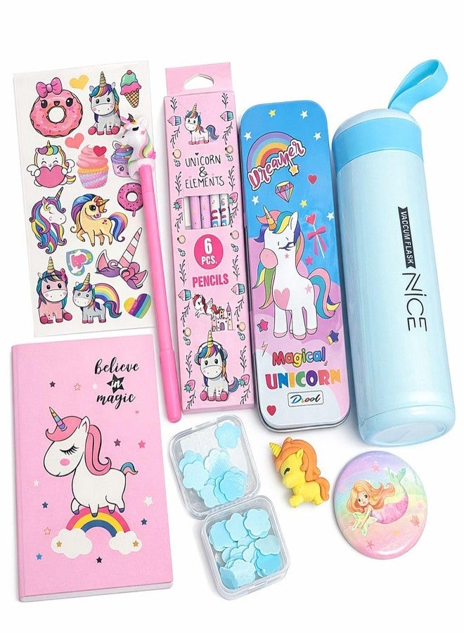 Le Delite Unicorn Gift Combo Set for Girls, 9 Piece Stationery Set with Diary, Stickers, Pen, Pencil Box, Water Bottle, Paper Soap, Badge and Eraser, Age 6-12 Years, Multicolor - Image 1